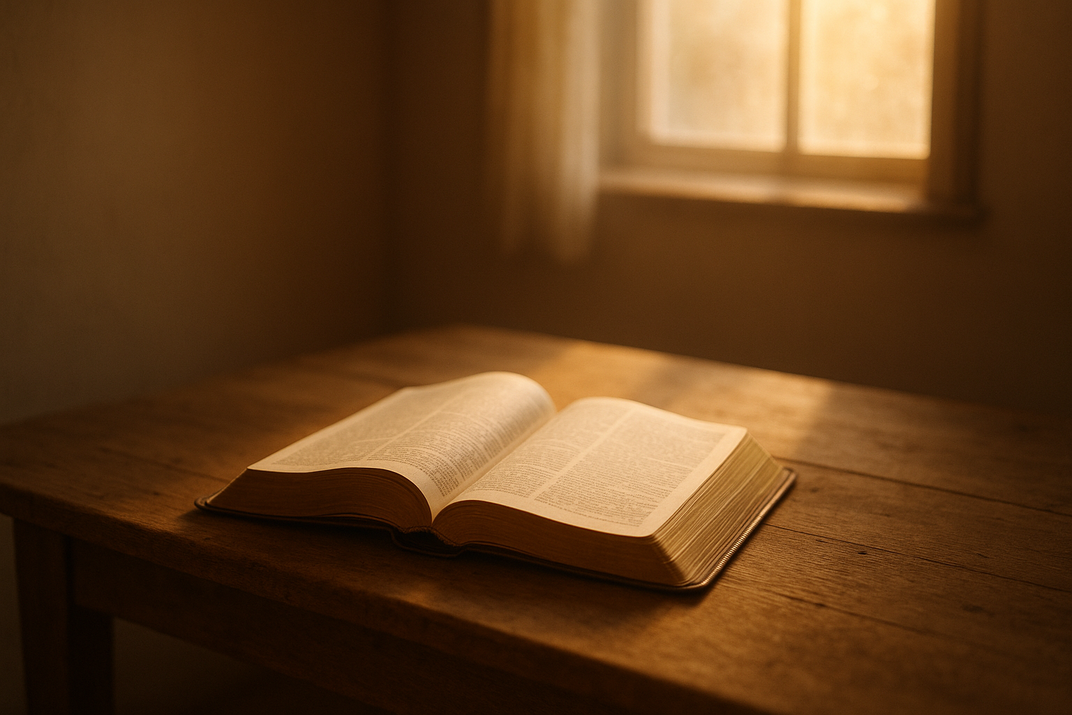 Biblia abierta sobre una mesa de madera sencilla, iluminada por la luz dorada de la mañana que entra por la ventana