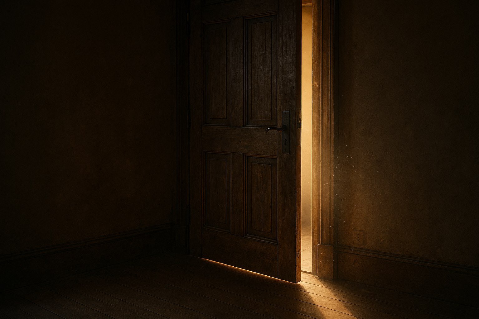 Uma porta de madeira antiga entreaberta, com a luz quente da manhã entrando por uma fresta num quarto escuro