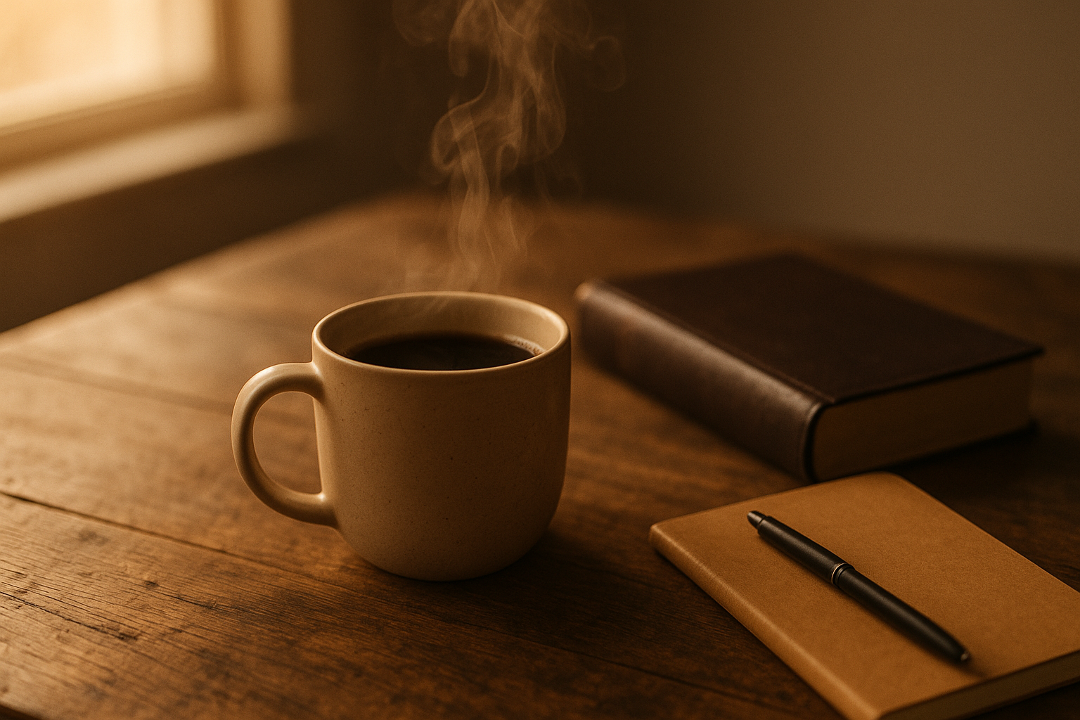 Uma xícara de café fumegante numa mesa de madeira rústica, ao lado de uma Bíblia fechada de capa de couro e de um caderninho com uma caneta, em luz suave de manhã