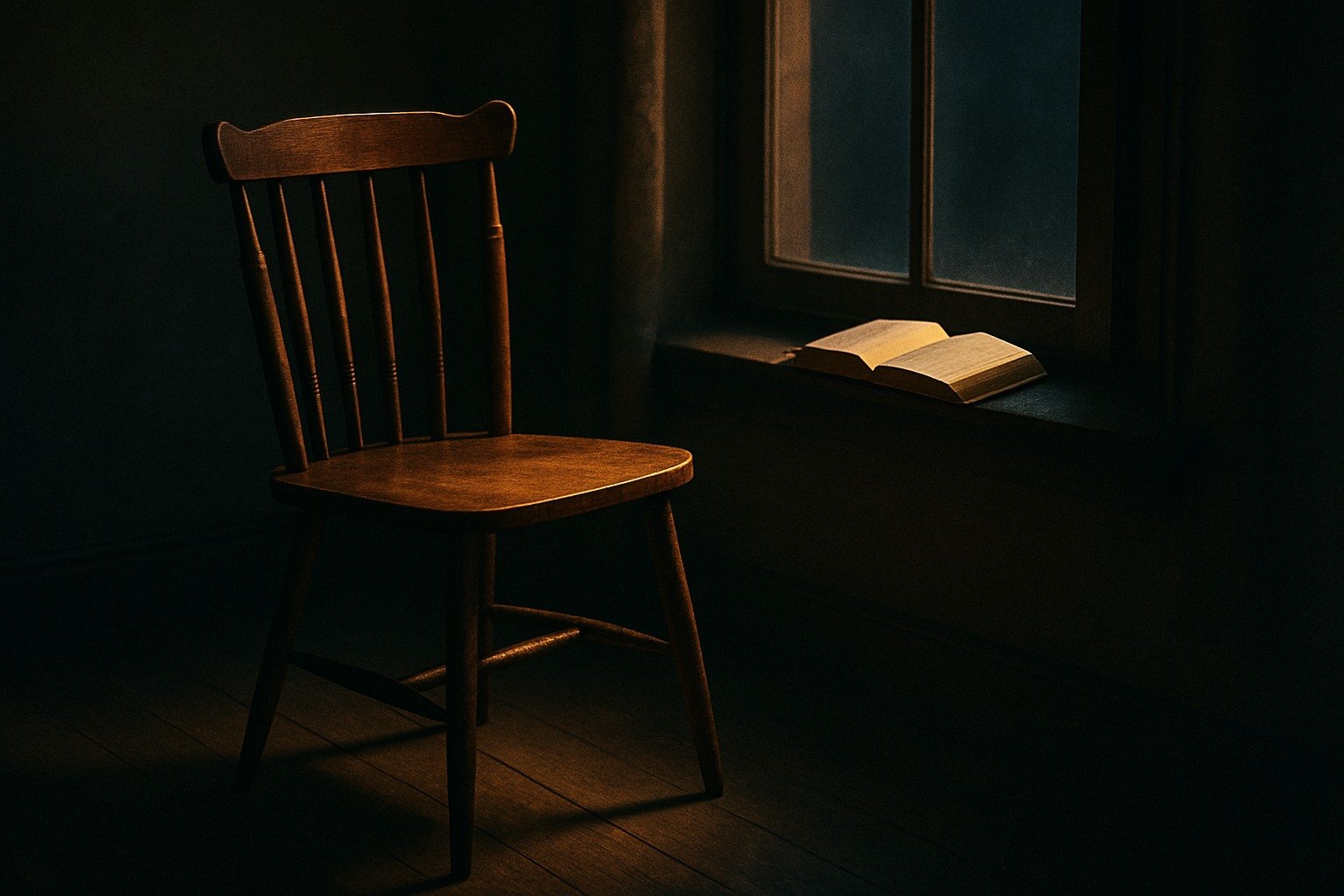 An empty wooden chair near a window at night, an open Bible on the sill and a soft warm light falling on the chair