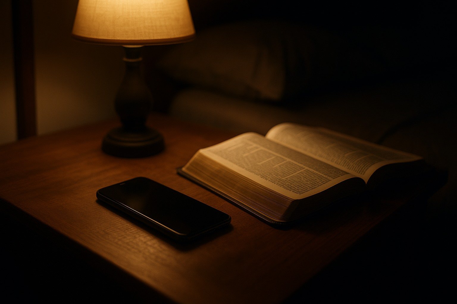 Um celular virado pra baixo numa mesa de cabeceira de madeira à noite, ao lado de um abajur aceso e uma Bíblia aberta