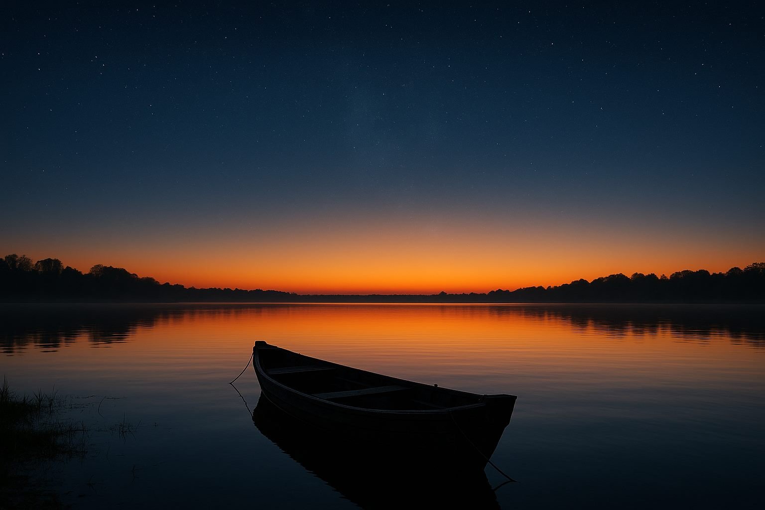 Barco de madeira num lago calmo ao amanhecer, com o céu azul-noite se derretendo em dourado no horizonte