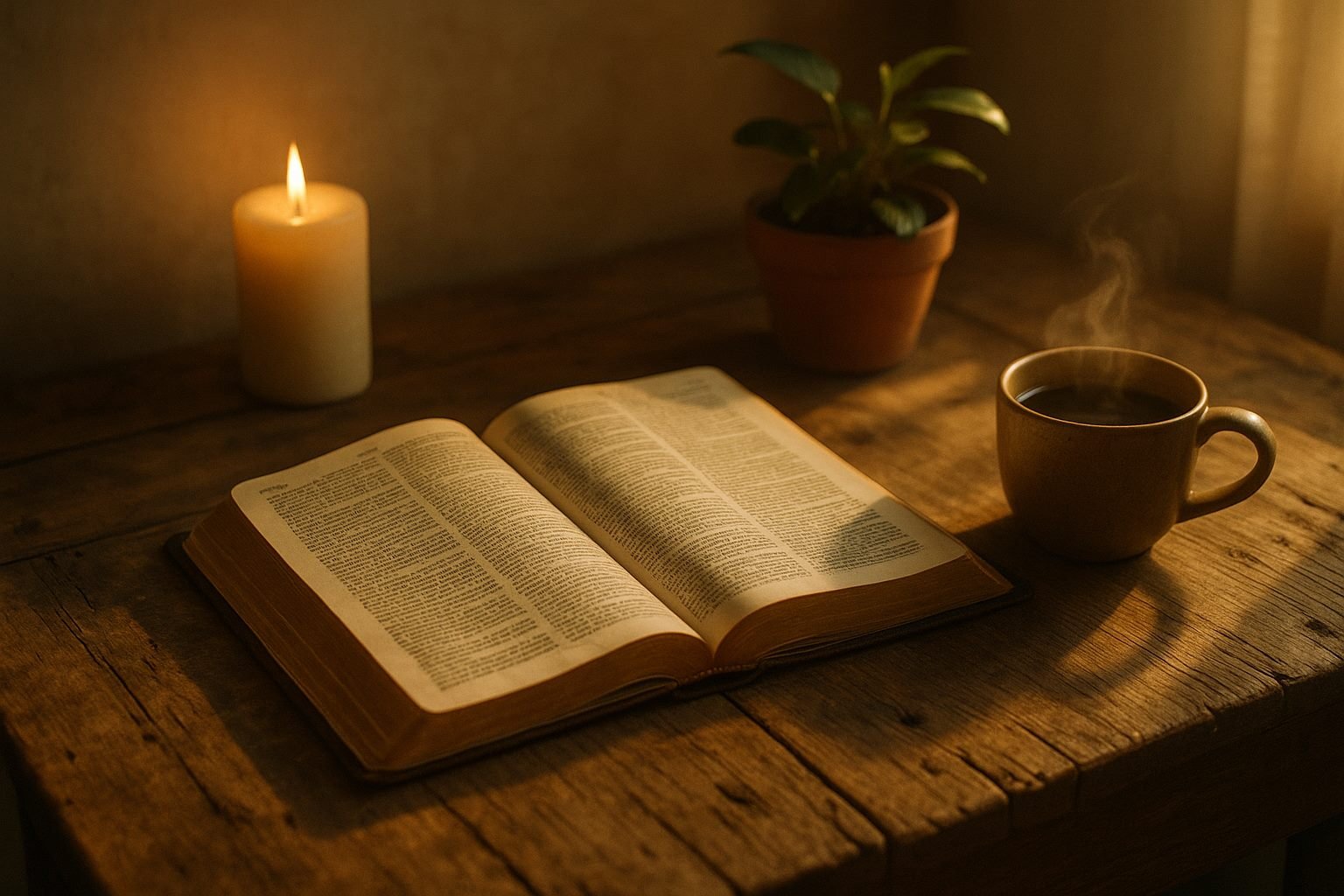 Bíblia aberta sobre uma mesa de madeira rústica, com vela acesa, vasinho de planta verde e xícara de café soltando vapor, na luz dourada da manhã