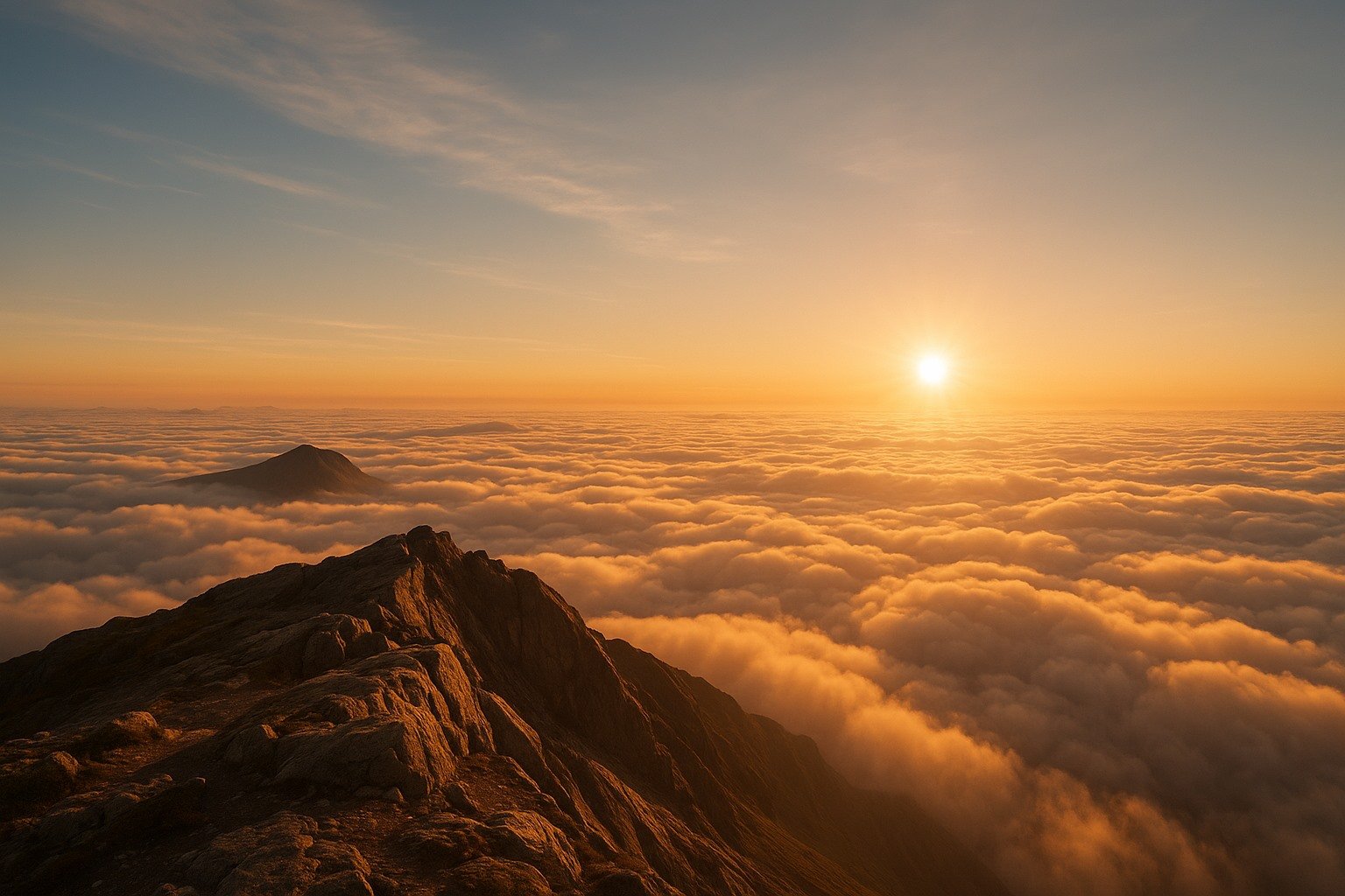 Vista do alto de uma montanha ao amanhecer, com um mar de nuvens lá embaixo e o céu imenso acima, inundado de luz dourada