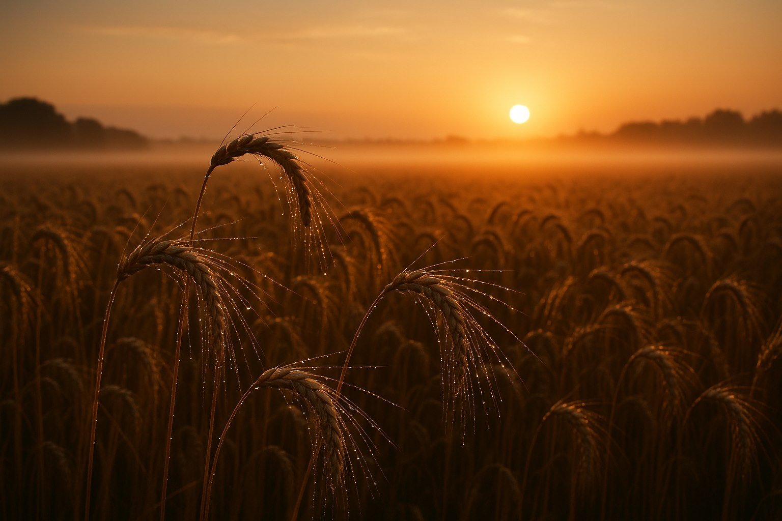 Uma espiga de trigo dourado com gotas de orvalho brilhando, ao amanhecer, com o campo inteiro e o sol nascendo ao fundo entre a neblina