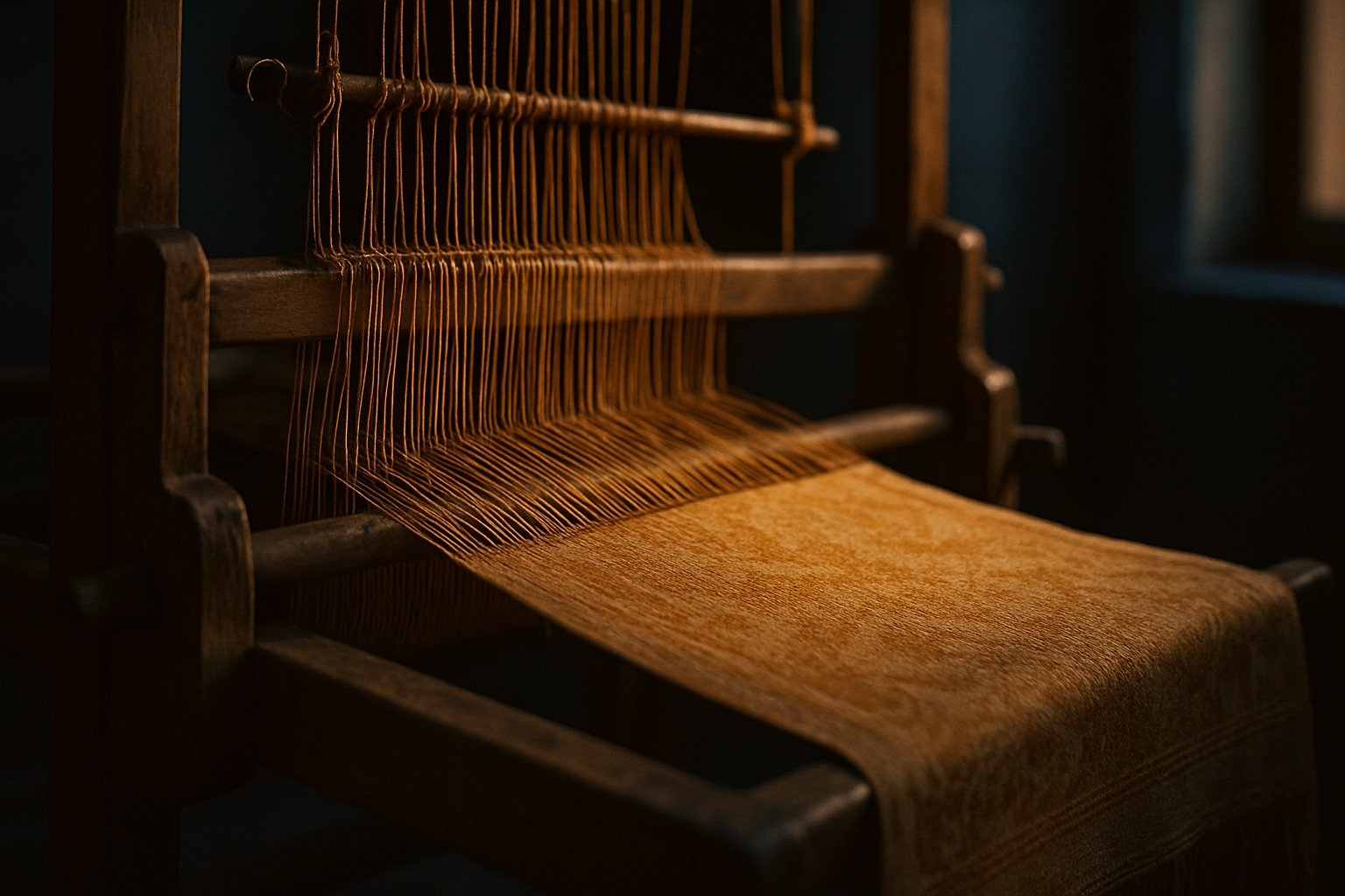 Golden threads on an old wooden loom, a half-woven cloth lit by warm window light