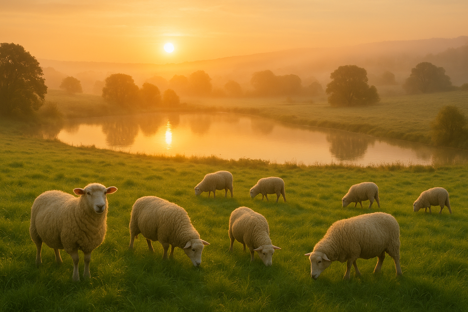 Ovelhas pastando num campo verde ao amanhecer, com águas tranquilas refletindo a luz dourada ao fundo
