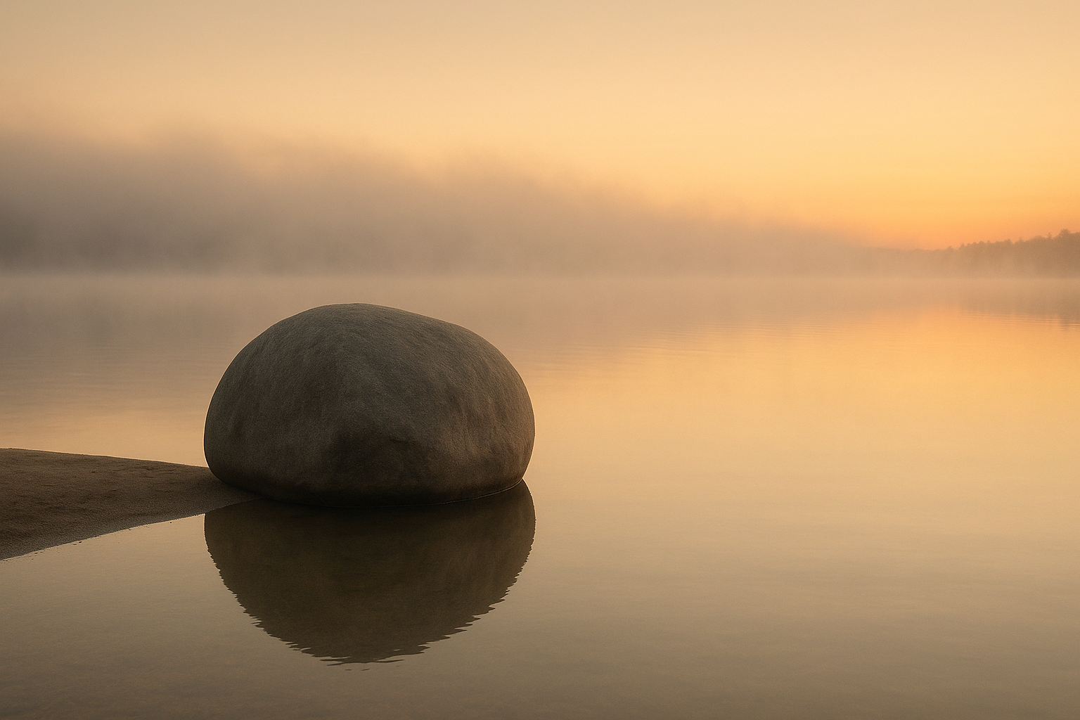 Uma grande pedra lisa à beira de um lago calmo ao amanhecer, com névoa suave e luz dourada refletida na água
