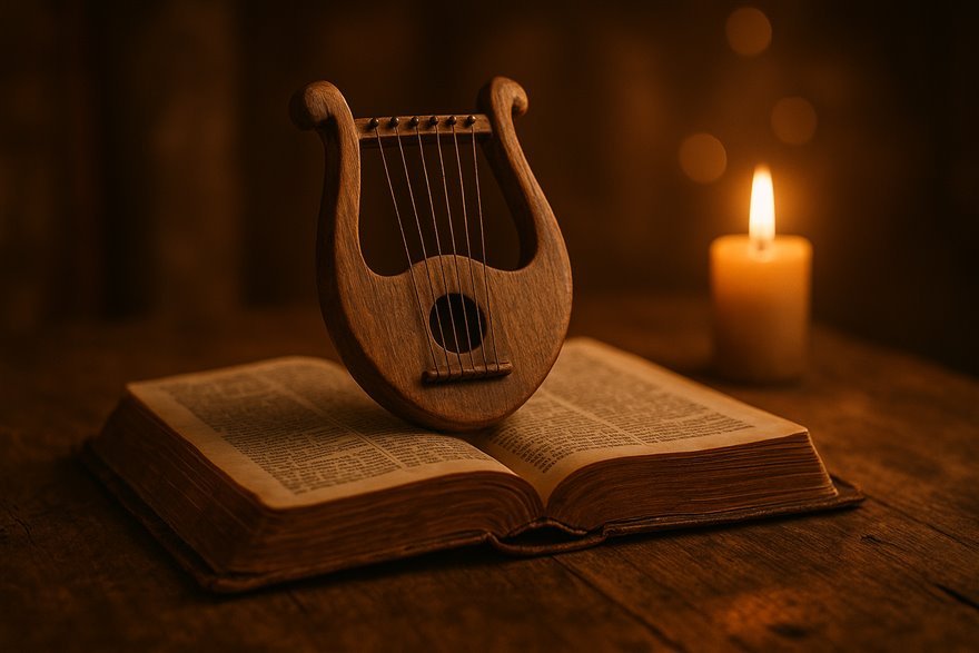 Uma pequena harpa de madeira apoiada sobre uma Bíblia aberta, iluminada pela luz quente de uma vela