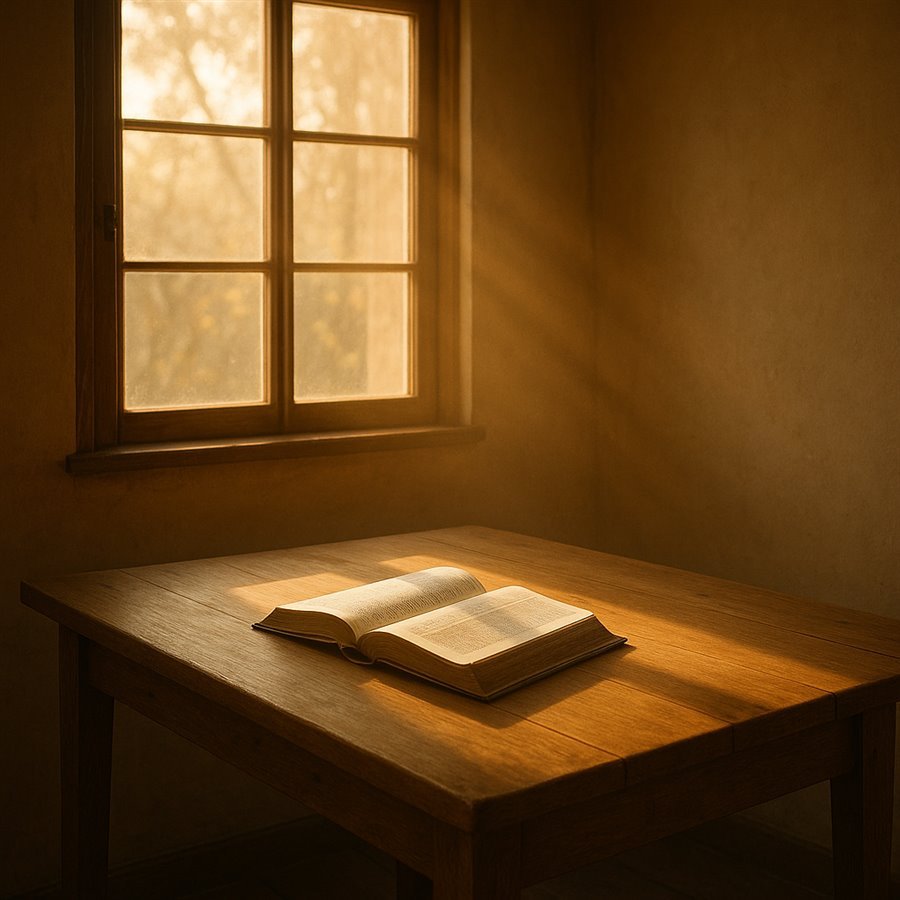 Luz suave da manhã entrando pela janela sobre uma mesa de madeira simples com uma Bíblia aberta