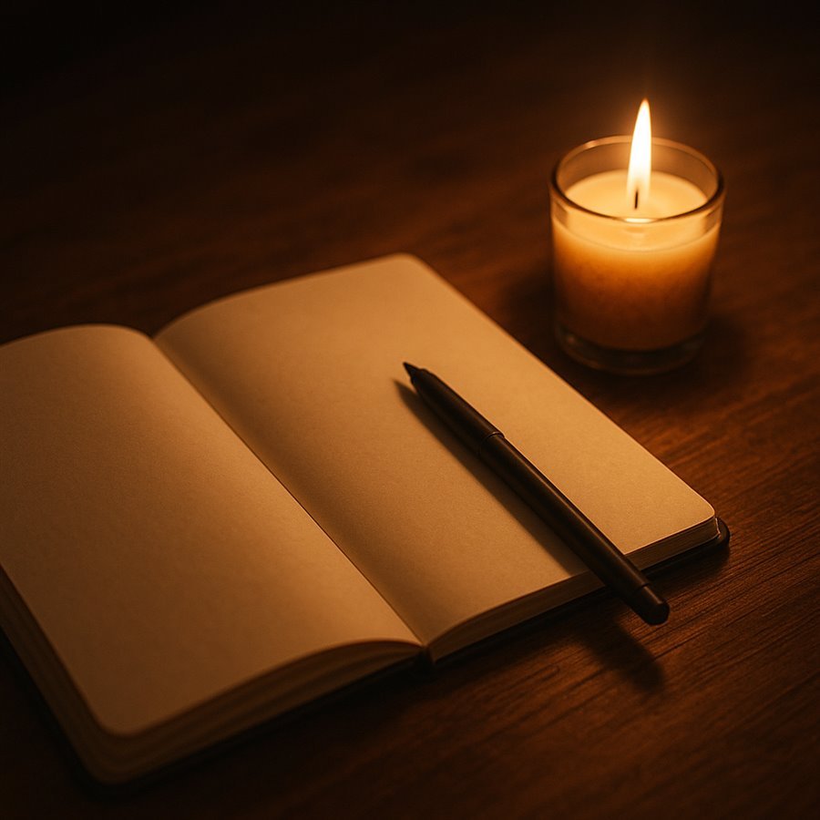Um caderno aberto numa página em branco, com uma caneta apoiada, ao lado de uma vela acesa numa mesa de madeira