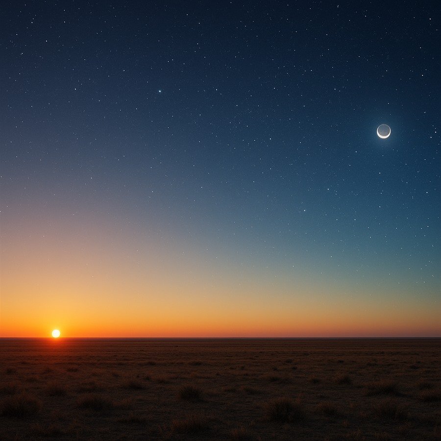 Horizonte imenso ao entardecer, com o sol se pondo de um lado e as primeiras estrelas surgindo do outro, céu aberto de ponta a ponta
