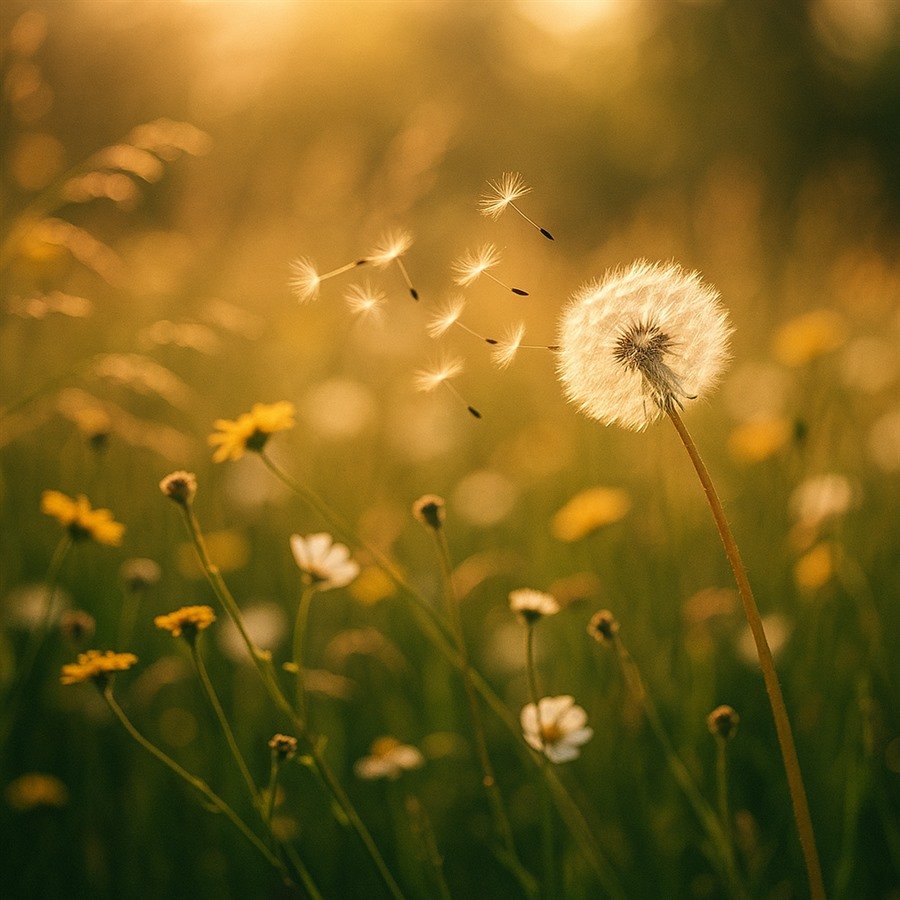 Flores silvestres num campo balançando ao vento, um dente-de-leão soltando sementes na luz dourada do fim de tarde