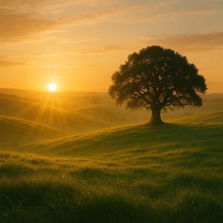 Nascer do sol dourado sobre colinas verdes, com uma árvore antiga sozinha e o orvalho brilhando na relva