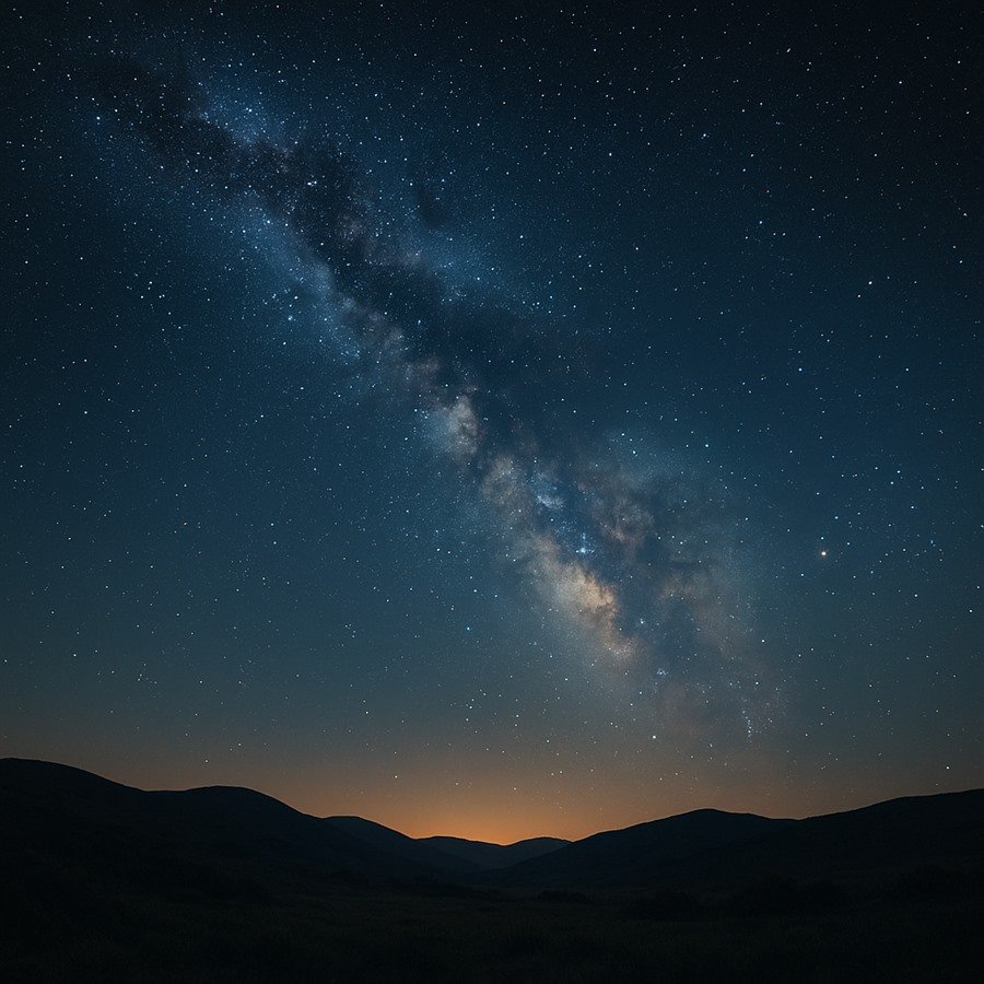 Céu noturno coberto de estrelas e a Via Láctea sobre uma paisagem silenciosa, imenso e sereno