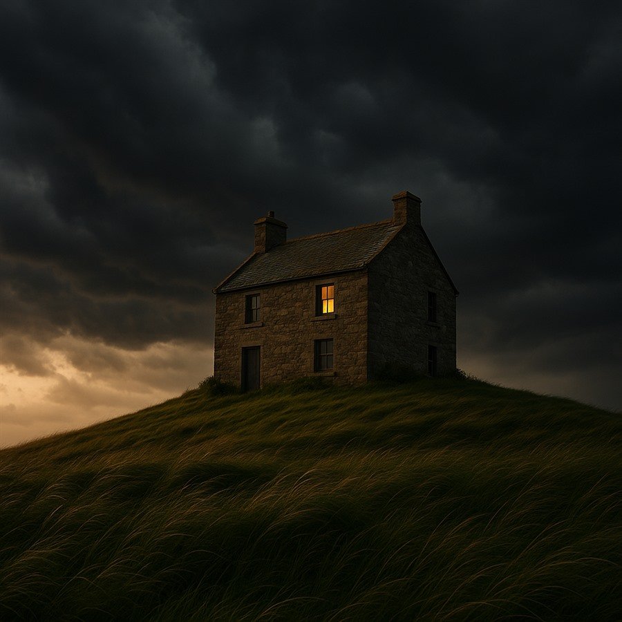 Uma casa antiga de pedra firme no alto de um morro durante uma tempestade, com luz quente acesa na janela