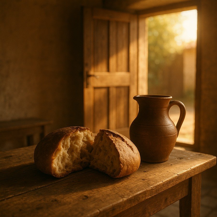 Uma mesa de madeira simples com um pão partido ao meio e uma jarra, perto de uma porta aberta com luz quente entrando
