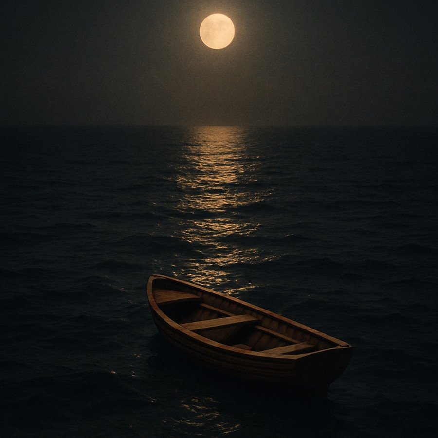 Um barquinho sozinho num mar escuro à noite, com um caminho de luz da lua sobre a água chegando até ele