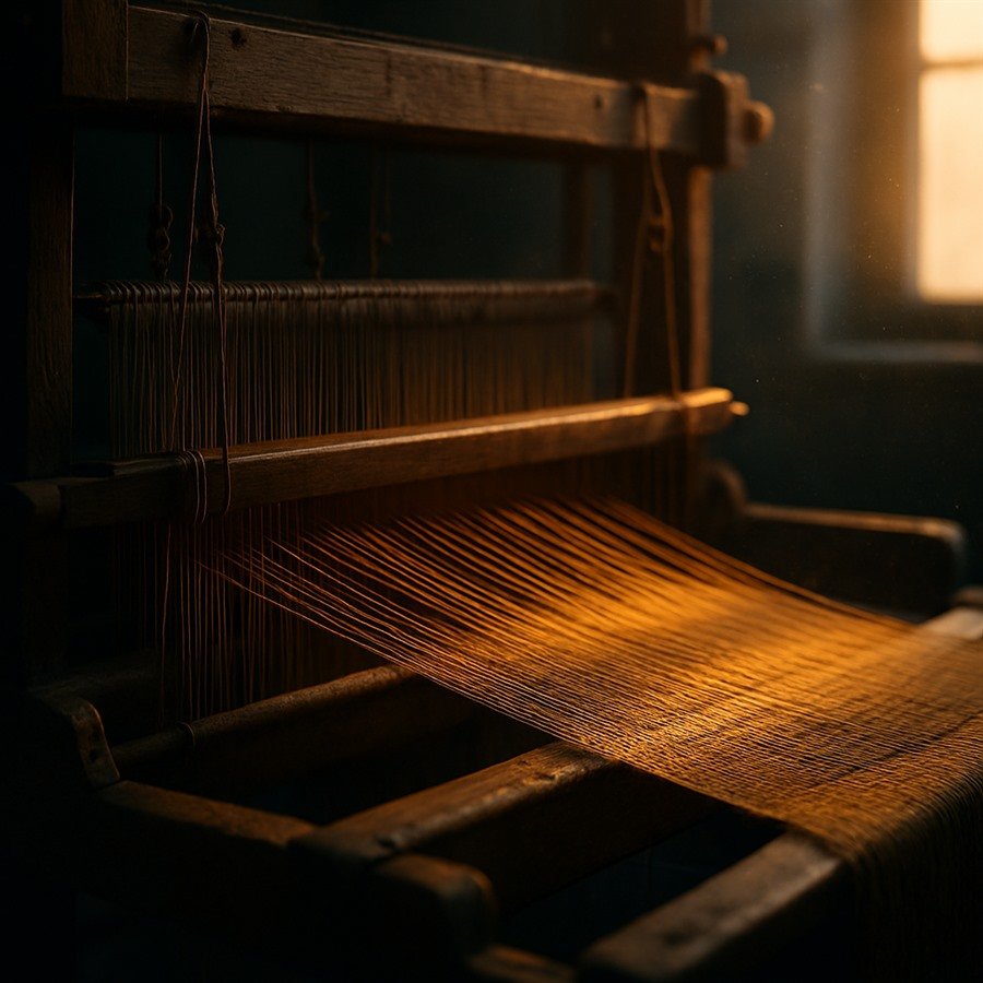 Un telar antiguo de madera con hilos dorados siendo tejidos, iluminado por una luz cálida que entra por una ventana