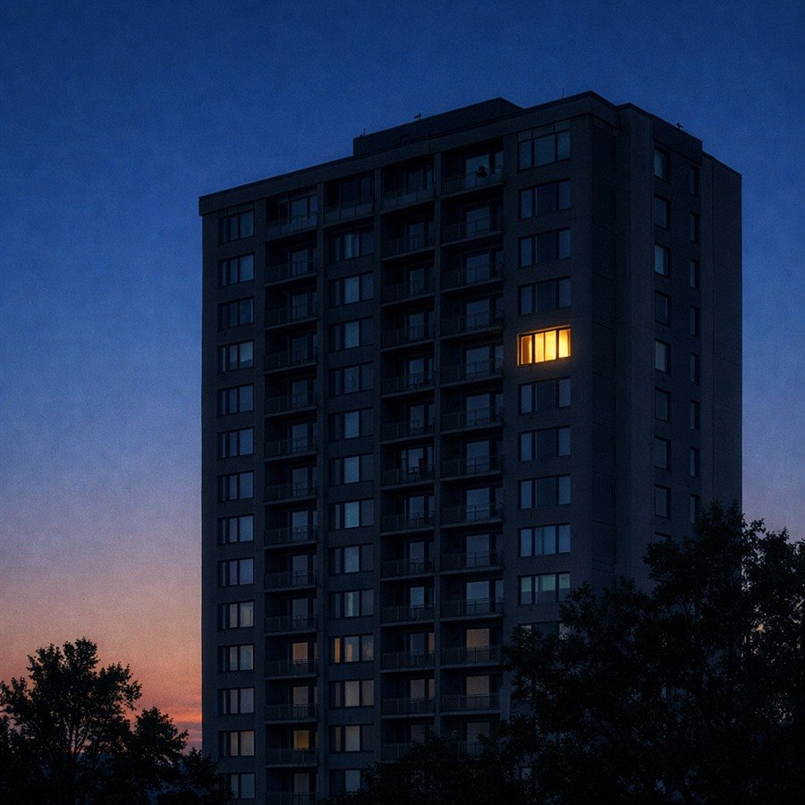 Una ventana encendida en un edificio oscuro de noche, vista de lejos, en medio de muchas ventanas apagadas