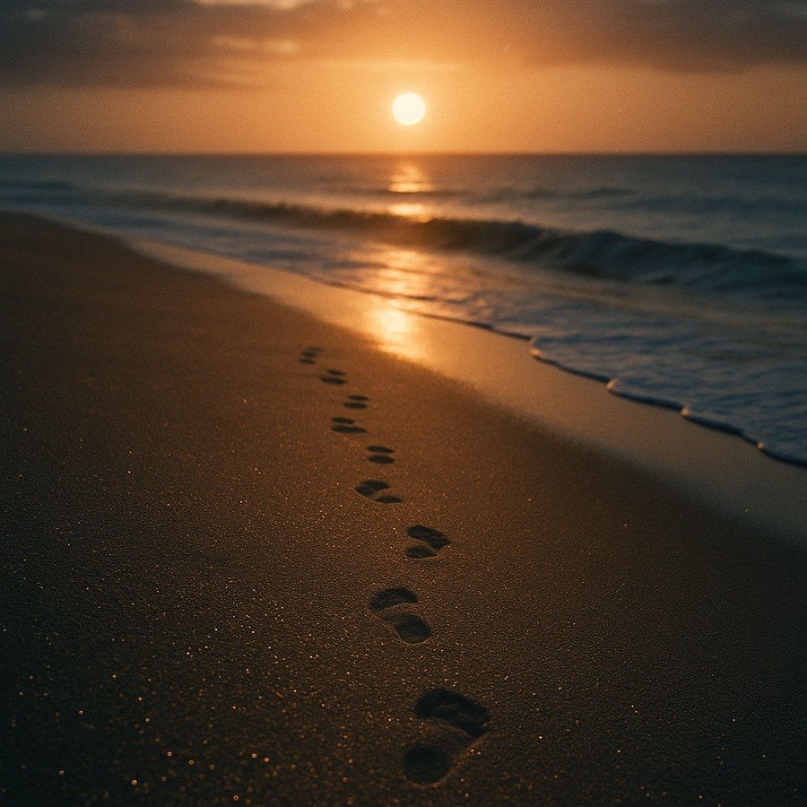 Una playa al amanecer con la arena mojada brillando y un rastro de huellas que va hacia la luz del sol que nace