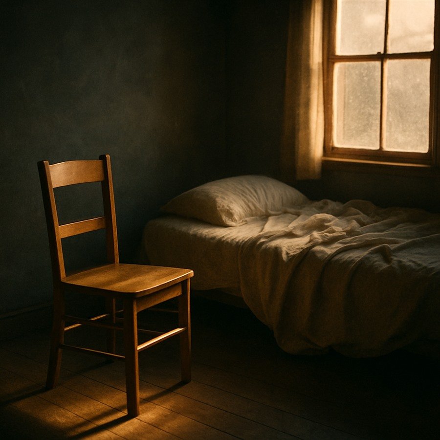 Una silla de madera sencilla junto a una cama deshecha, con la luz suave de la mañana entrando por la ventana