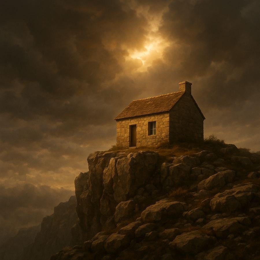 Ilustração do dia 30, A casa sobre a rocha: cena inspirada em Mateus 7:24-25